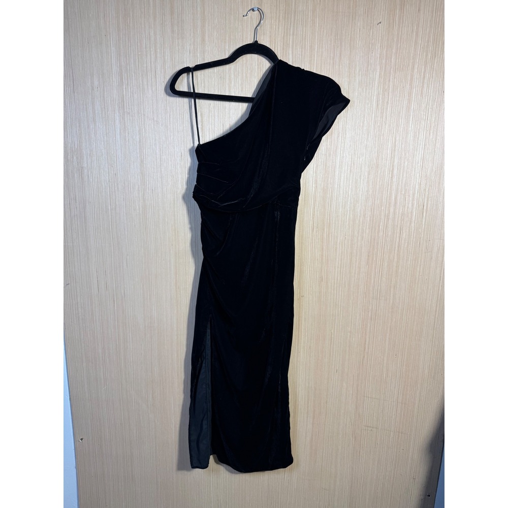 NBD Women Black One Shoulder Ruched Velvet Midi Dress Size S Side Slit Cocktail